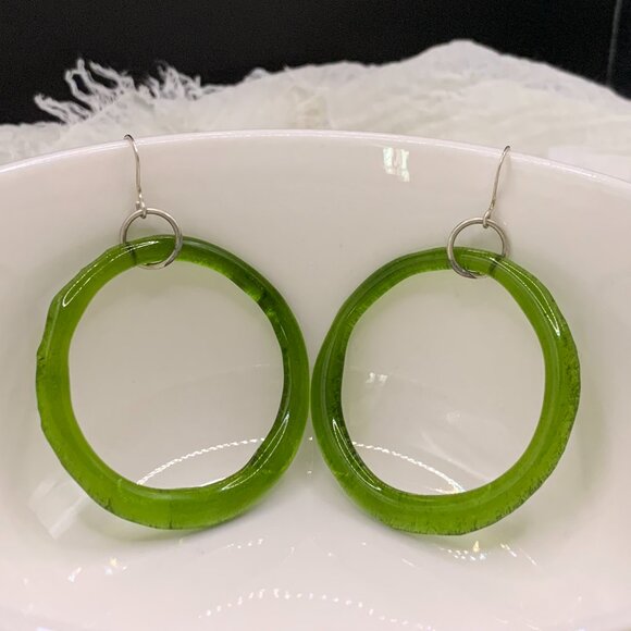 Green Beach Glass Big Hoop Earrings Sterling Silver Ear wires J683 - Picture 1 of 5